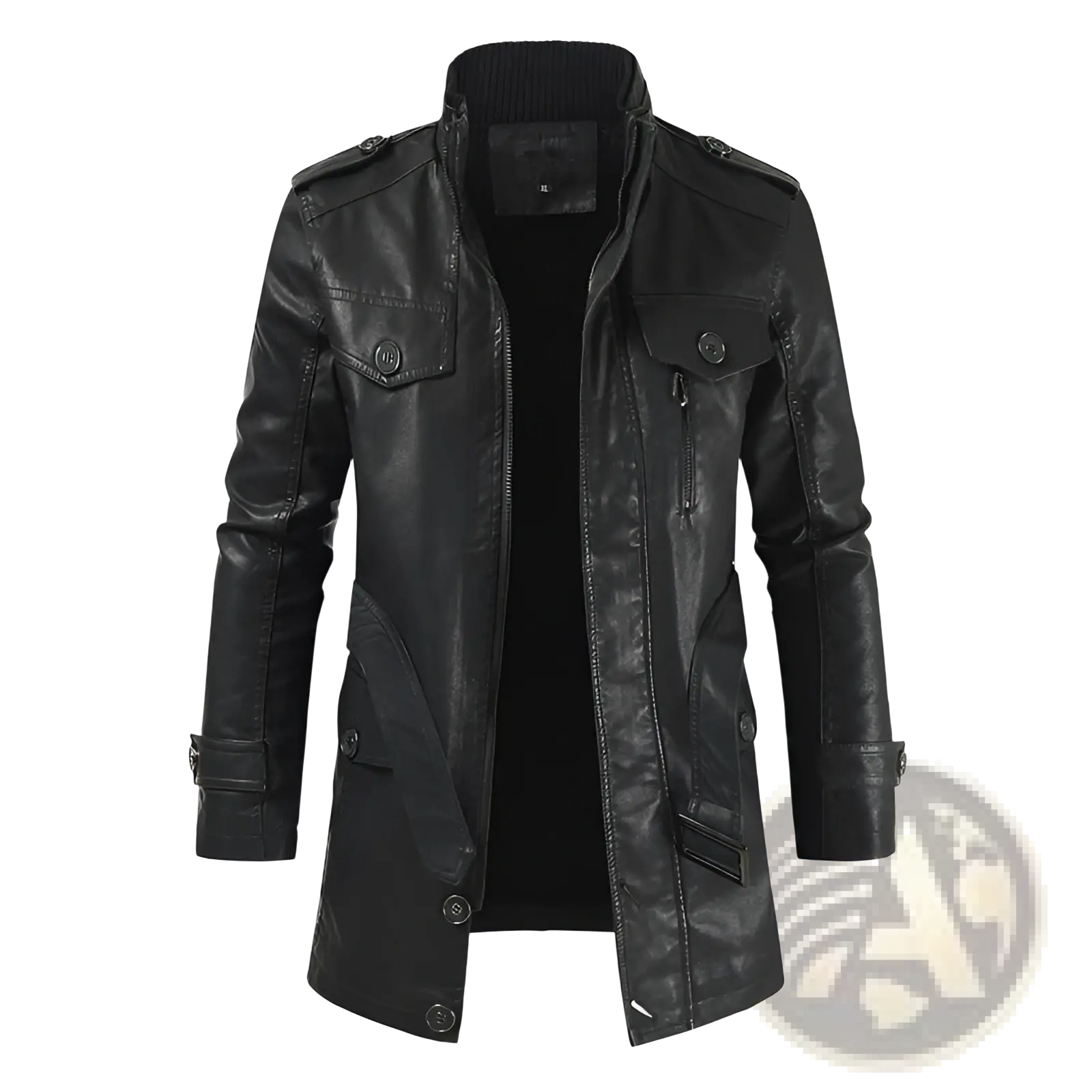 Men’s black faux leather stand collar trench coat with high collar flap pockets and side zipper details