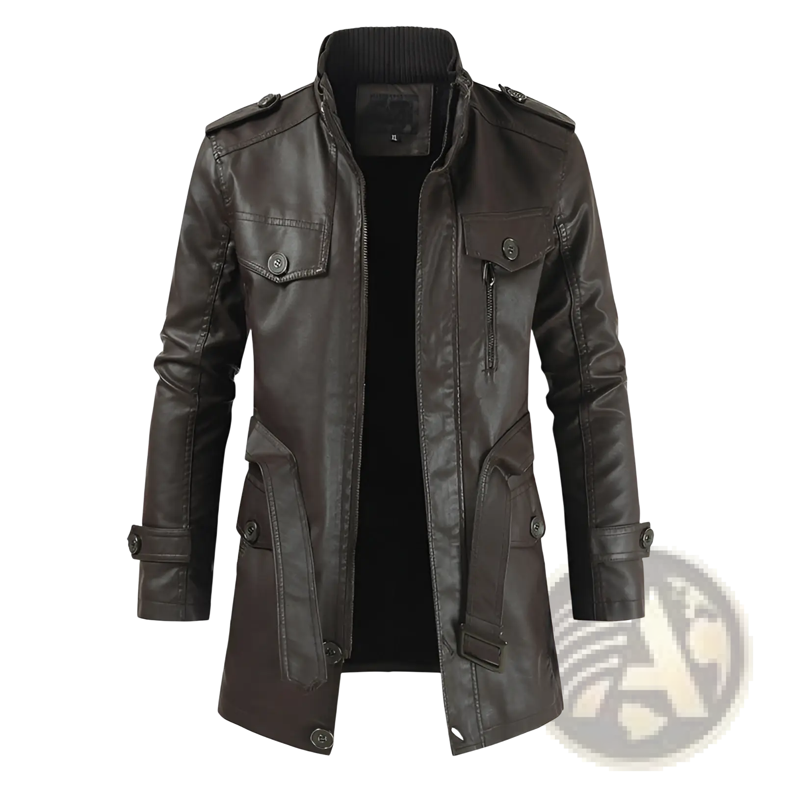 Dark brown men’s faux leather trench coat with stand collar ribbed detail and multiple pockets for versatile wear
