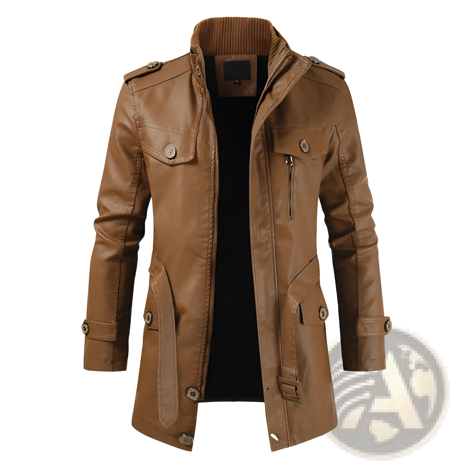 Men’s brown faux leather trench coat with stand collar buttoned flap pockets and ribbed collar detail