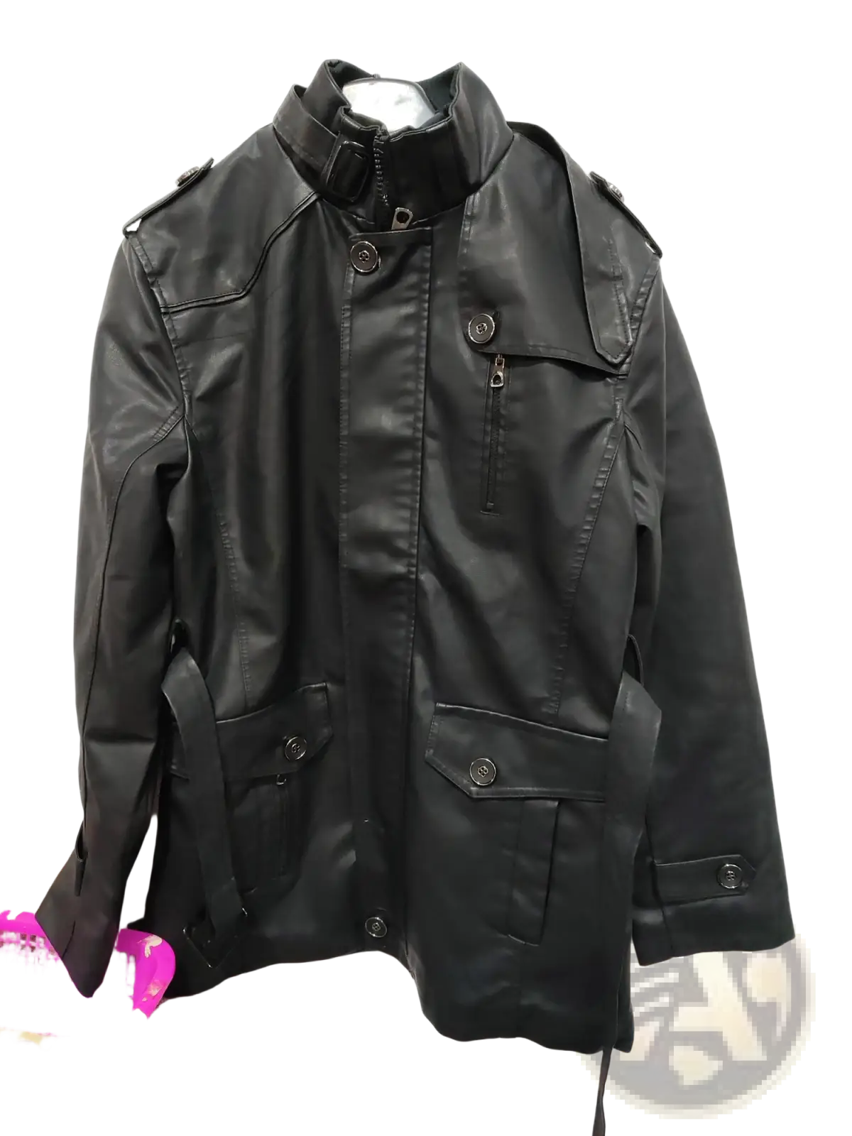 Men’s black faux leather trench coat with stand collar, buttoned flap pockets, and epaulets