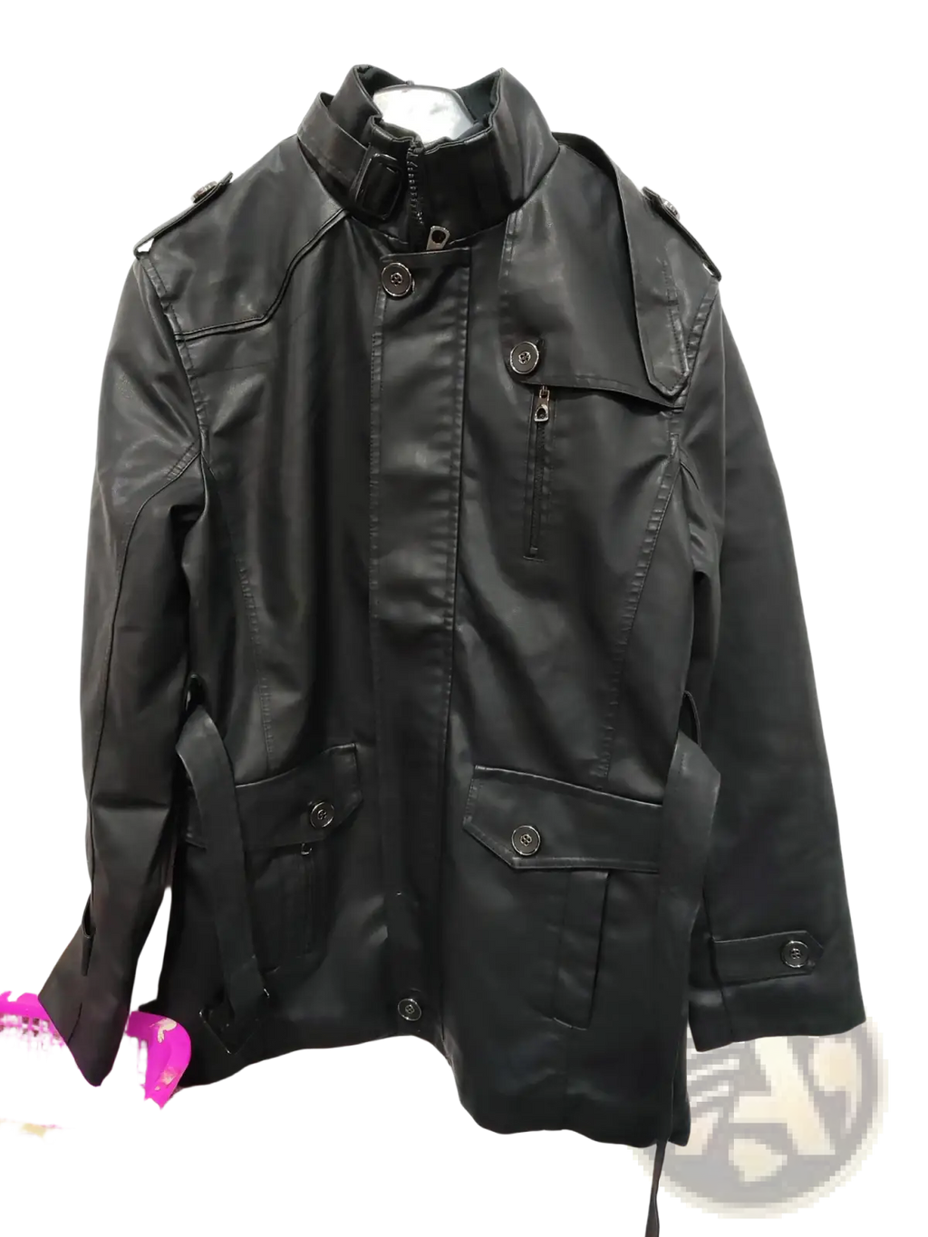 Men’s black faux leather trench coat with stand collar, buttoned flap pockets, and epaulets