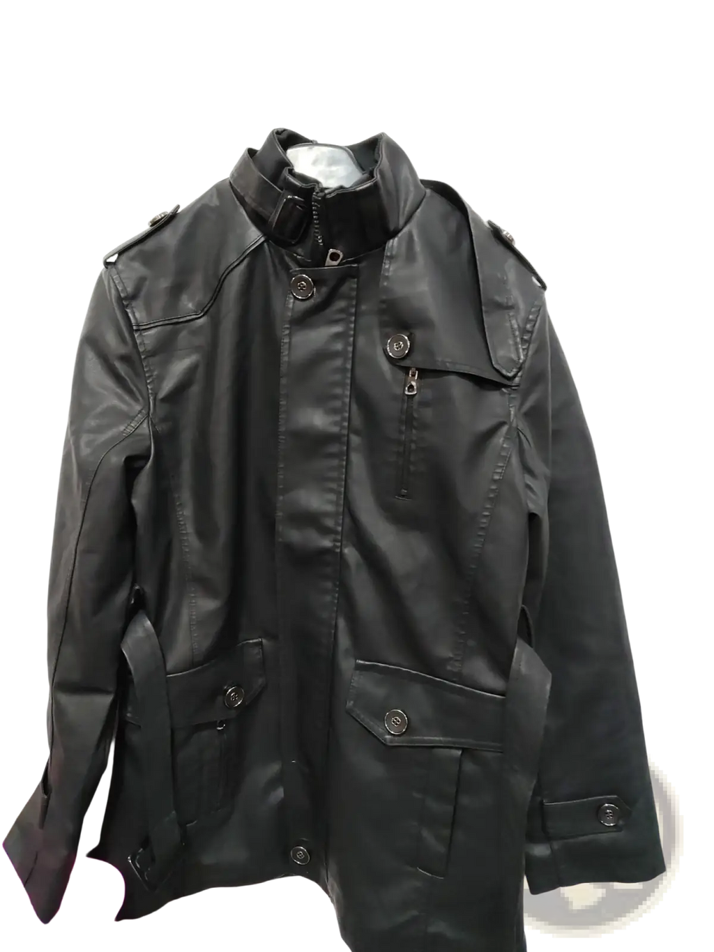 Men’s black faux leather stand collar trench coat with silver-toned buttons and zipper details