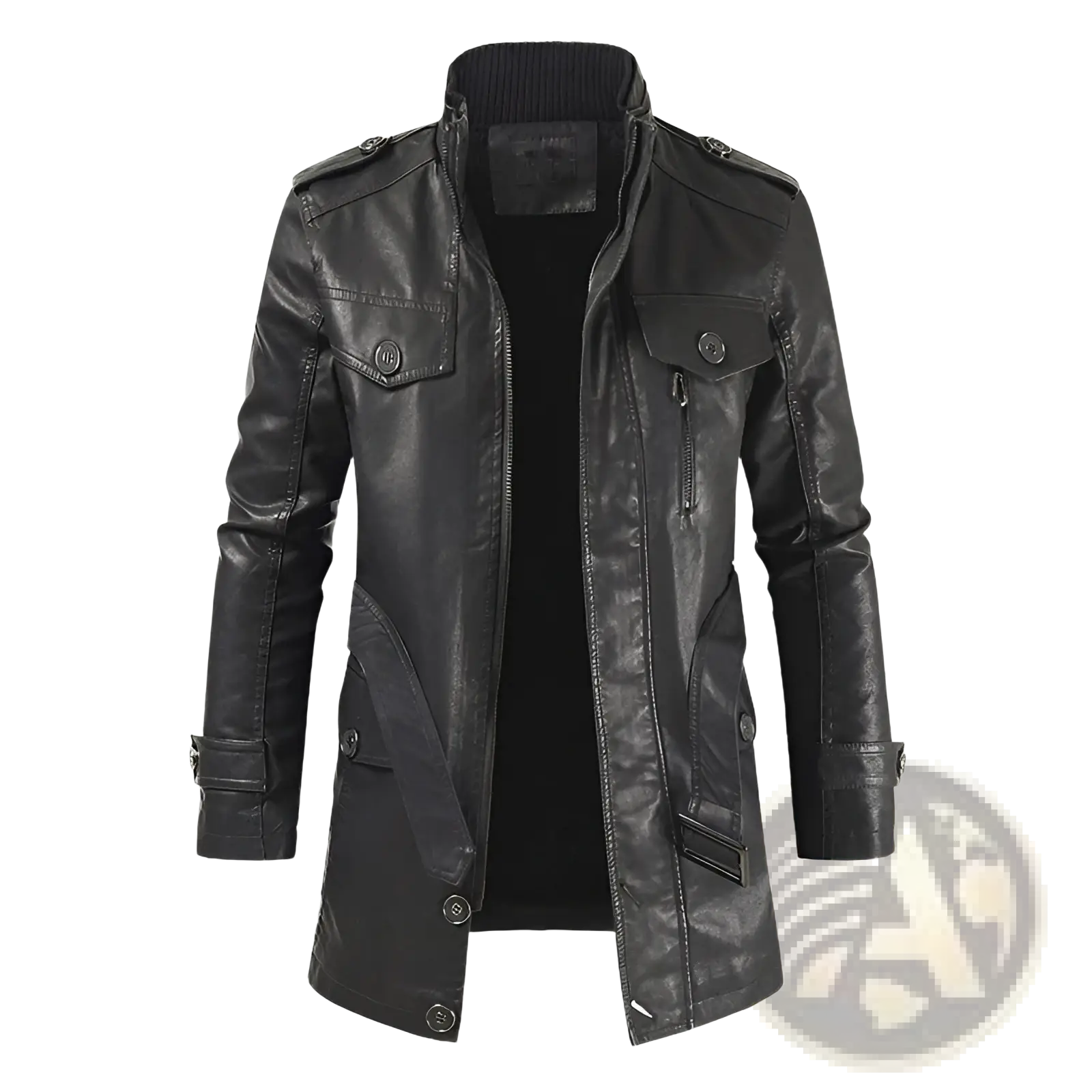 Men’s black faux leather trench coat with a stand collar, flap pockets, and zipper details