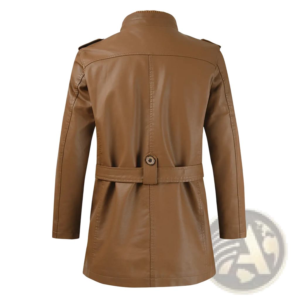 Brown faux leather men’s trench coat with belted waist and structured shoulders for a refined look