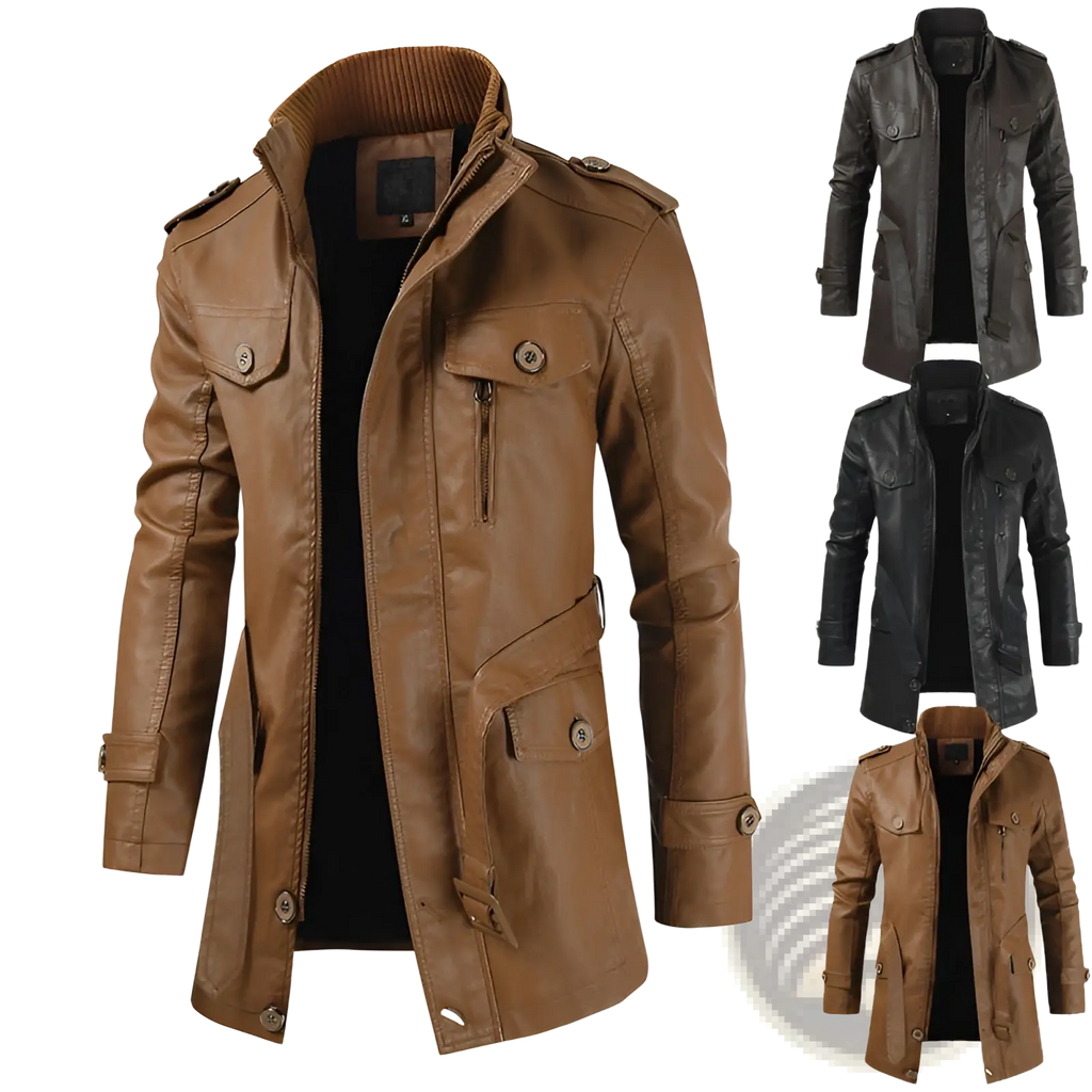 Men’s brown faux leather trench coat with stand collar, button and zipper closures, ribbed collar, multiple pockets