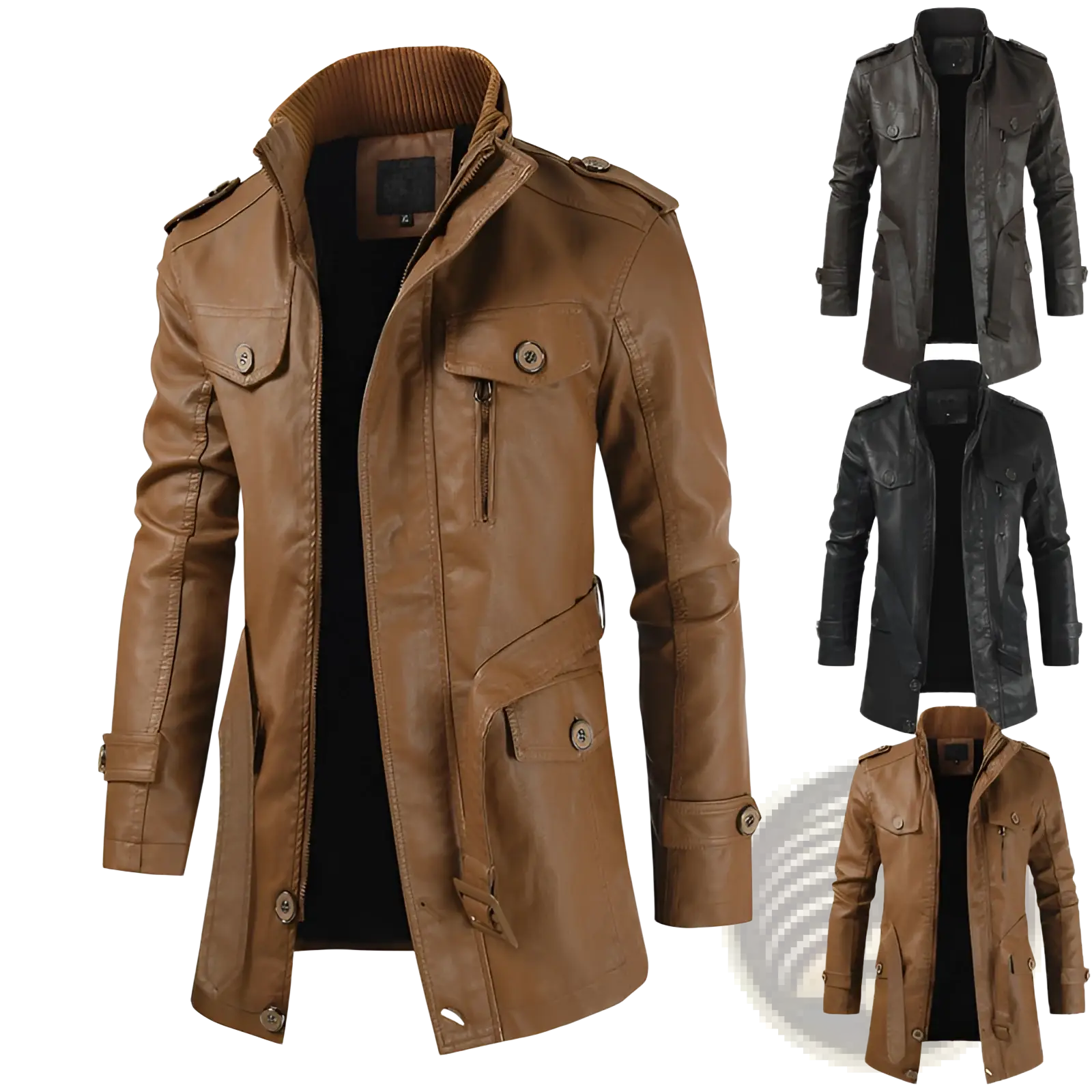 Men’s brown faux leather trench coat with stand collar, button and zipper closures, ribbed collar, multiple pockets