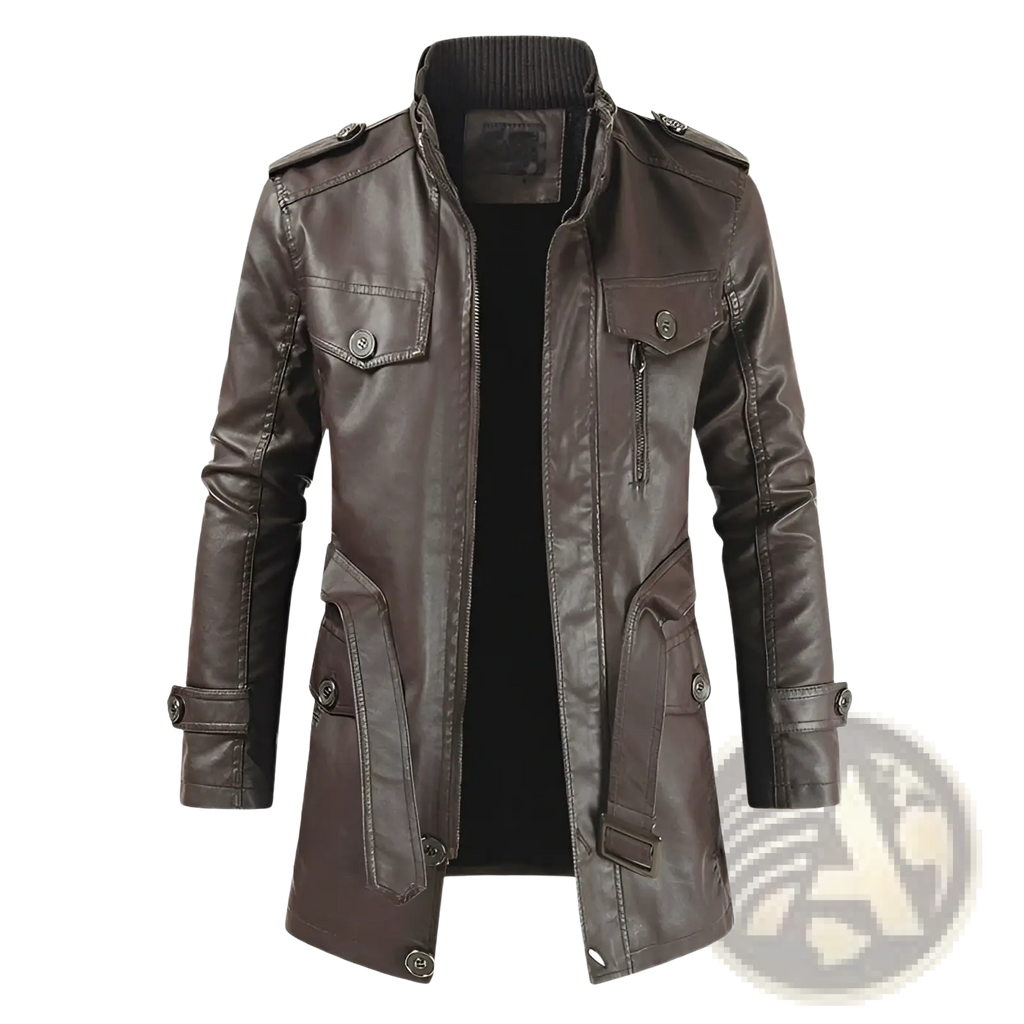 Men’s dark brown faux leather stand collar trench coat with ribbed collar and multiple pockets visible at front
