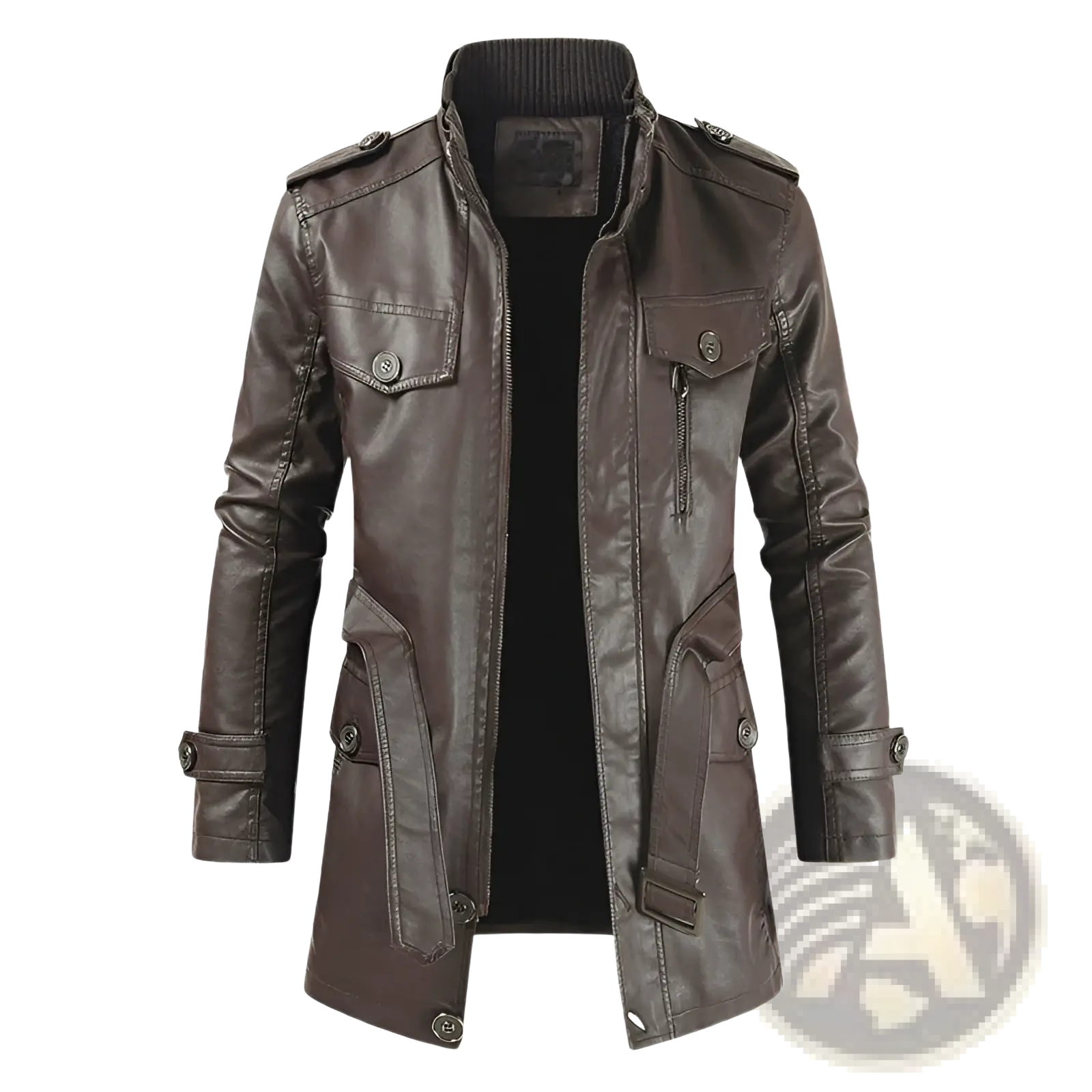 Men’s dark brown faux leather stand collar trench coat with ribbed collar and multiple pockets visible at front