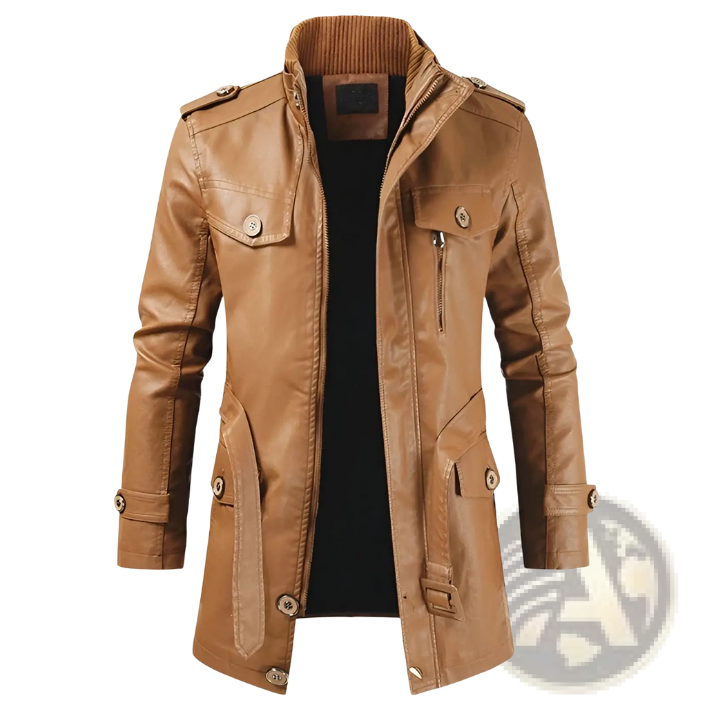 Men’s tan faux leather trench coat with a ribbed stand collar and multiple pockets for stylish outerwear