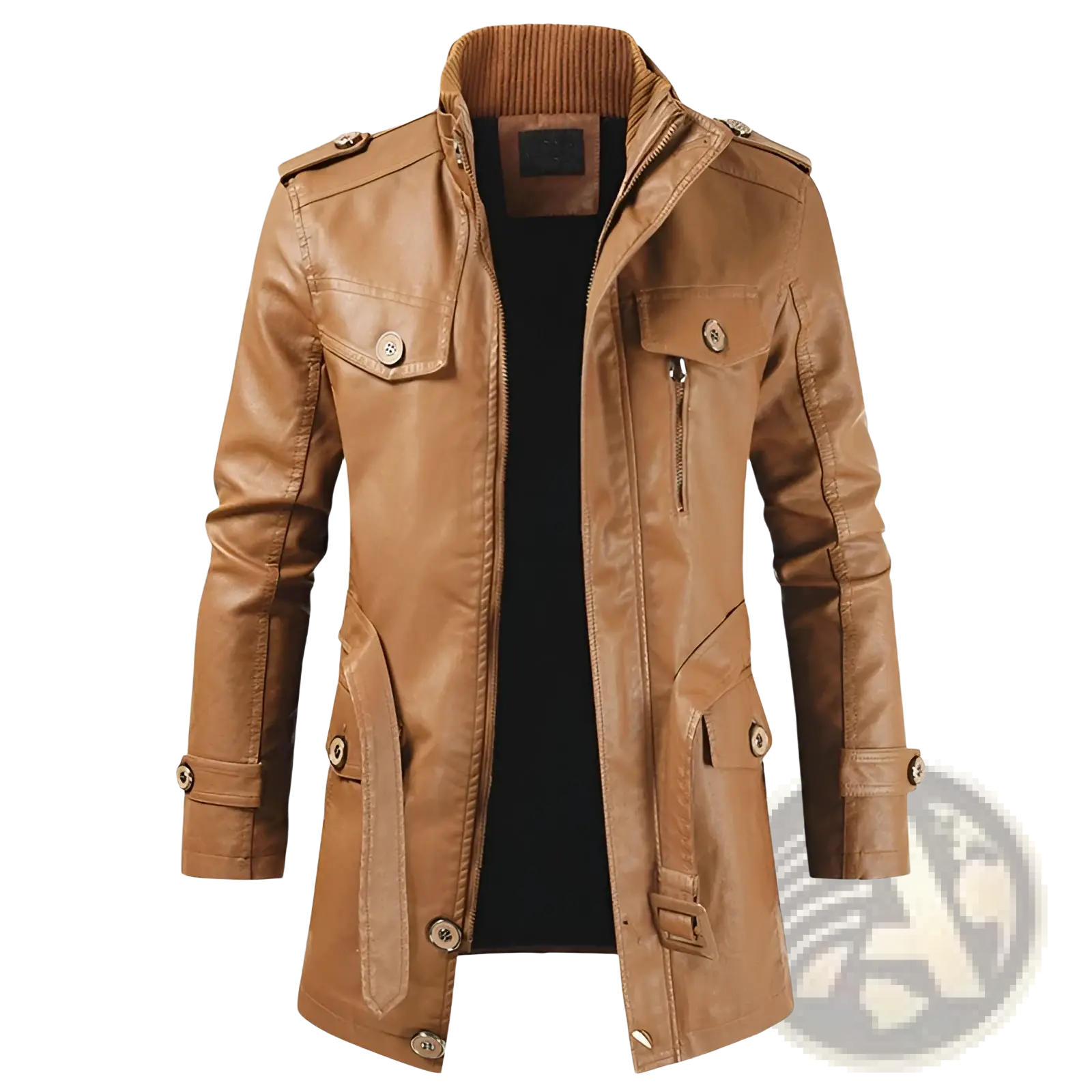 Men’s tan faux leather trench coat with a ribbed stand collar and multiple pockets for stylish outerwear