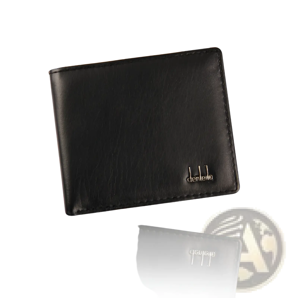 Men’s black faux leather textured bifold business wallet with silver denfeld logo embossed on lower right corner