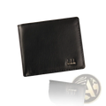 Men’s black faux leather textured bifold business wallet with silver denfeld logo embossed on lower right corner
