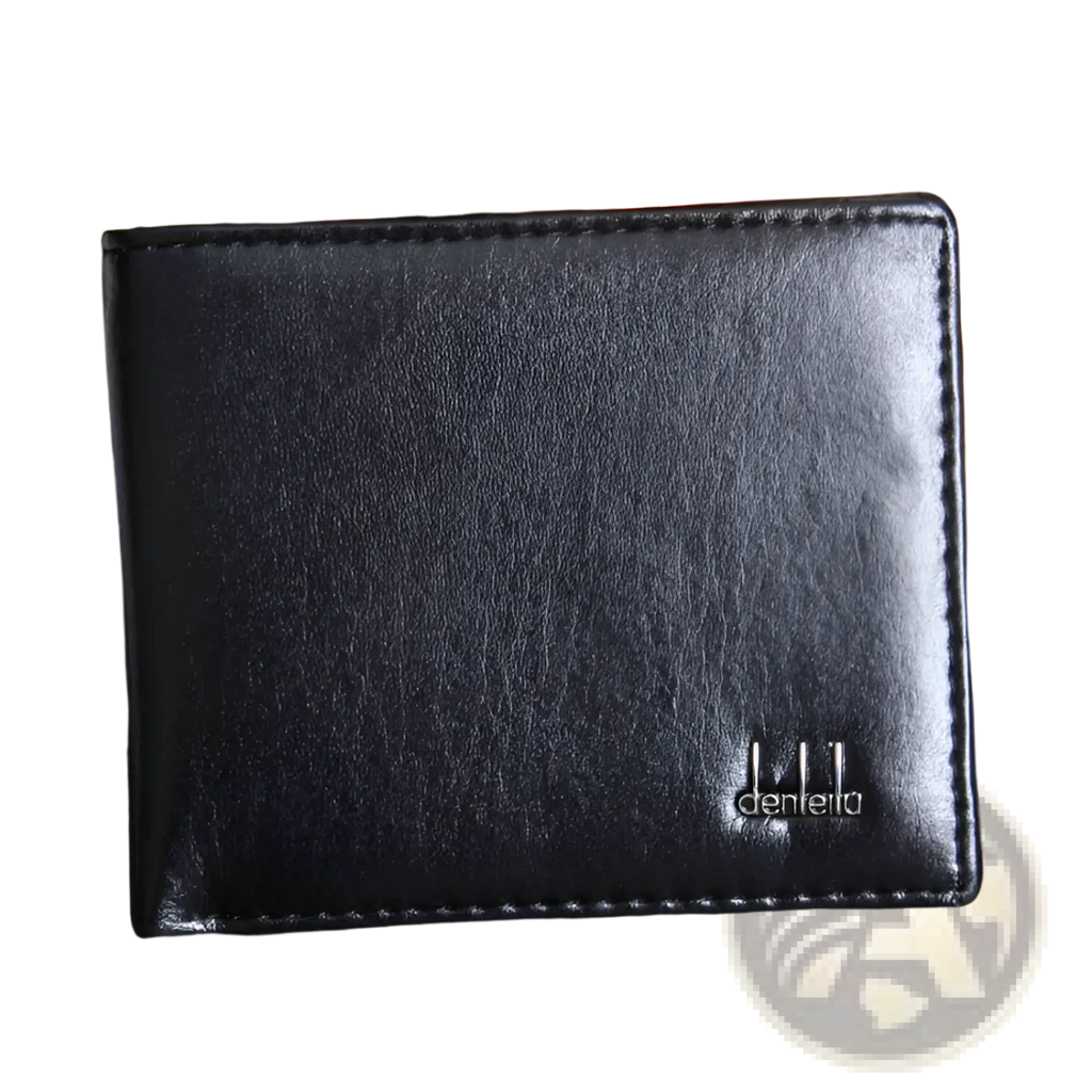 Men’s black faux leather textured business bifold wallet with subtle finish and silver embossed logo on front