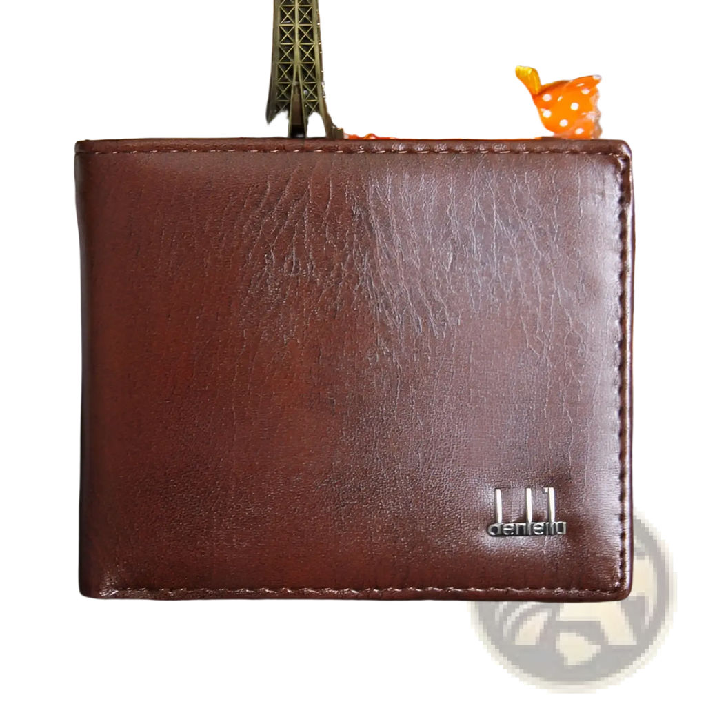 Men’s brown faux leather textured business bifold wallet with subtle finish and silver toned dente logo embossed bottom right