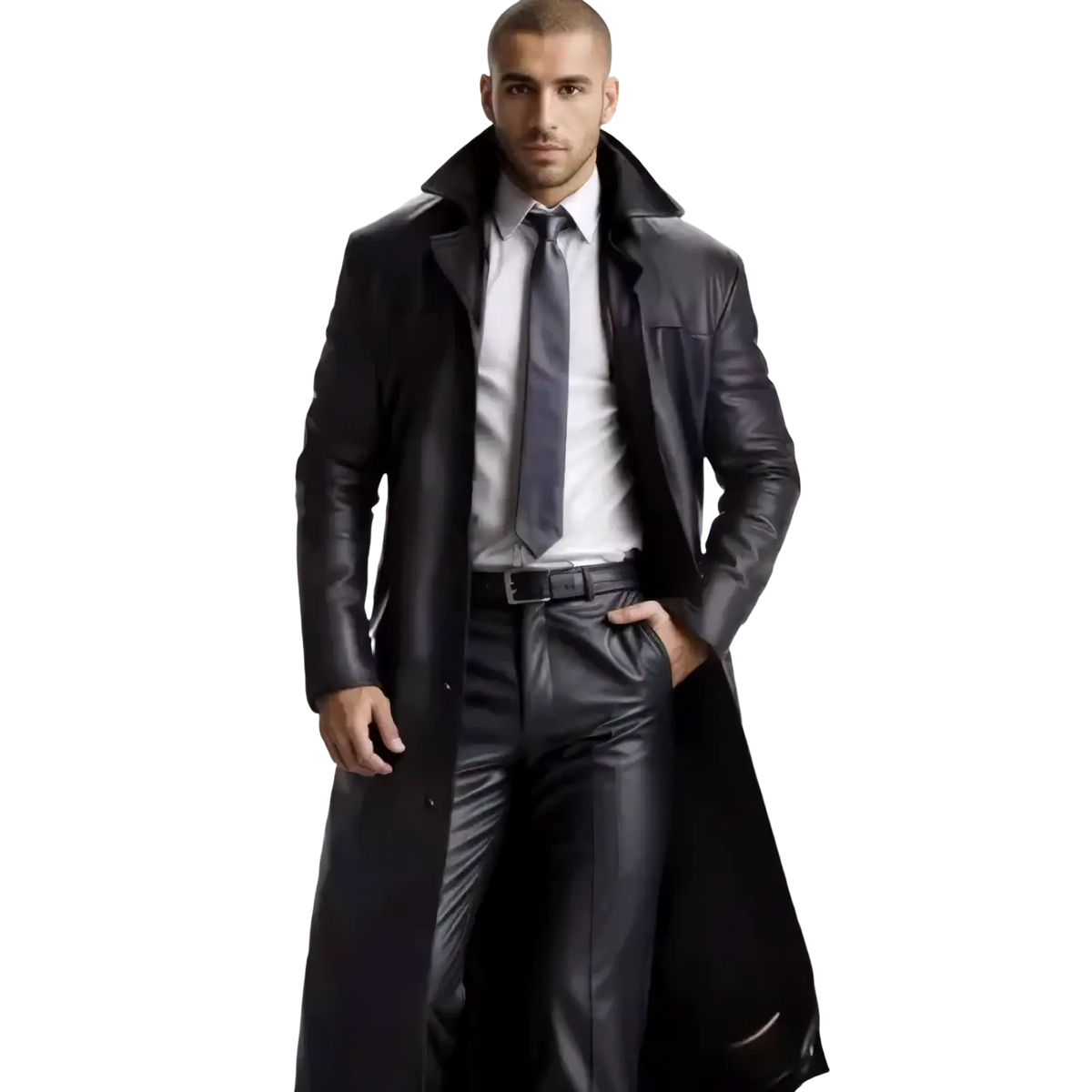 Men’s black faux leather trench coat with classic collar and sleek glossy finish for casual long outerwear
