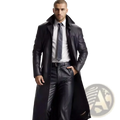 Black faux leather trench coat with classic collar and buttoned front for men’s casual long outerwear