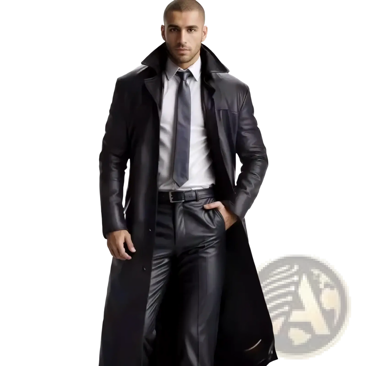 Men’s black faux leather trench coat with classic collar and sleek glossy finish for casual long outerwear