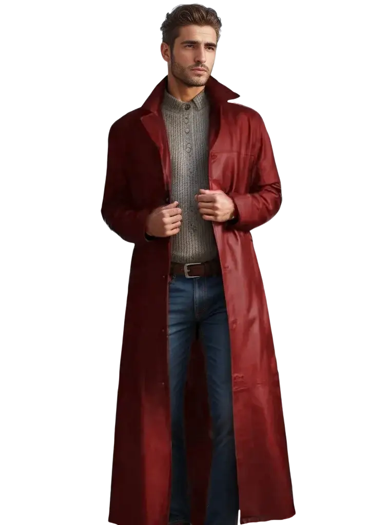 Men’s faux leather trench coat in rich burgundy with classic collar and buttoned front for casual long outerwear