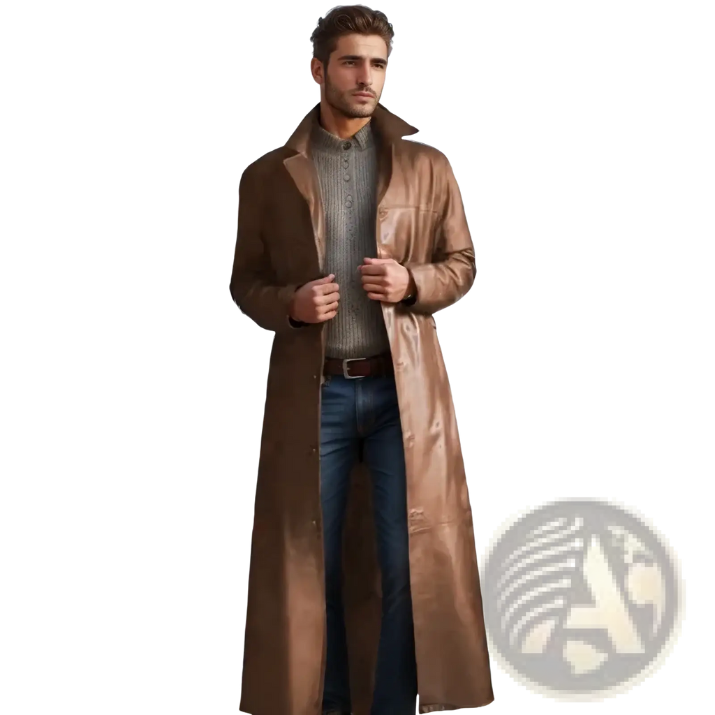 Men’s faux leather trench coat long outerwear with sleek brown leather, classic collar, and buttoned front for casual wear