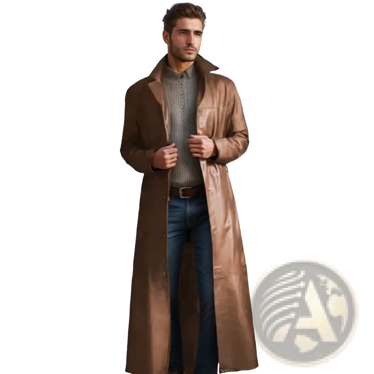 Men’s faux leather trench coat long outerwear with sleek brown leather, classic collar, and buttoned front for casual wear