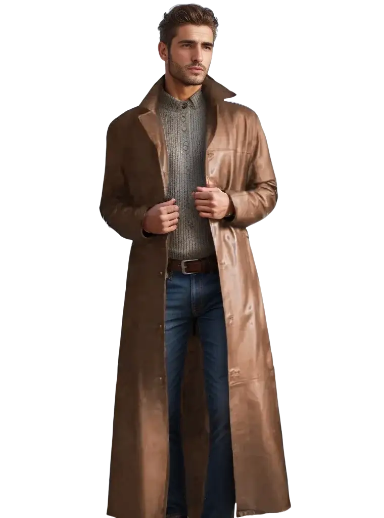 A sleek long brown men’s faux leather trench coat with a classic collar and buttoned front for casual wear