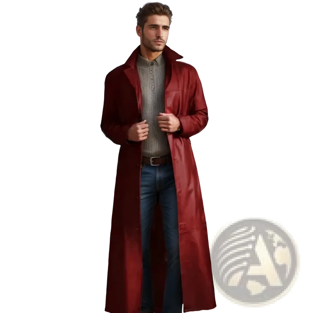 A sleek glossy burgundy faux leather men’s trench coat with classic collar and buttoned front for casual wear