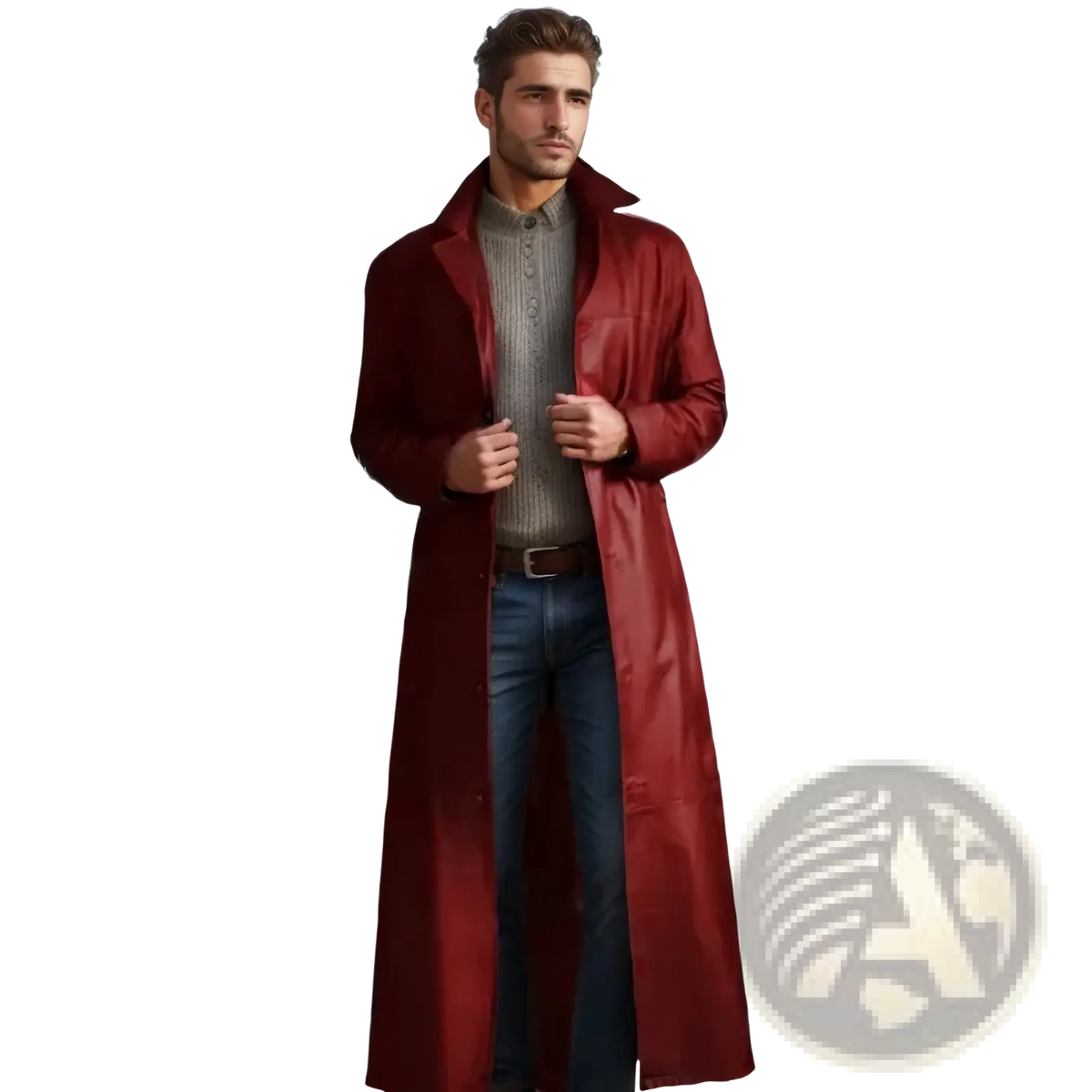 A sleek glossy burgundy faux leather men’s trench coat with classic collar and buttoned front for casual wear