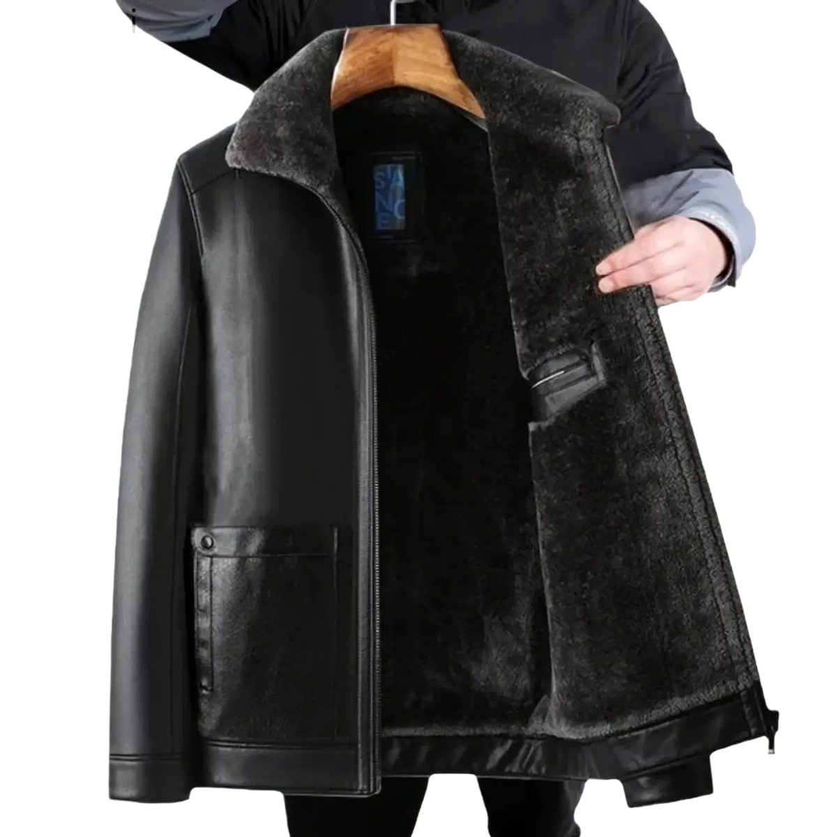 Men’s black faux leather winter jacket with plush shearling dark fur lining and front zipper closure for warmth