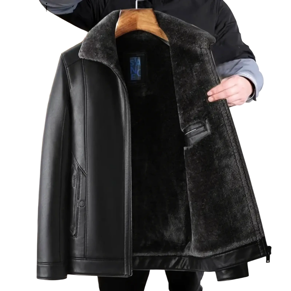 Men’s black faux leather winter jacket with plush dark gray fleece lining and matching collar for warmth