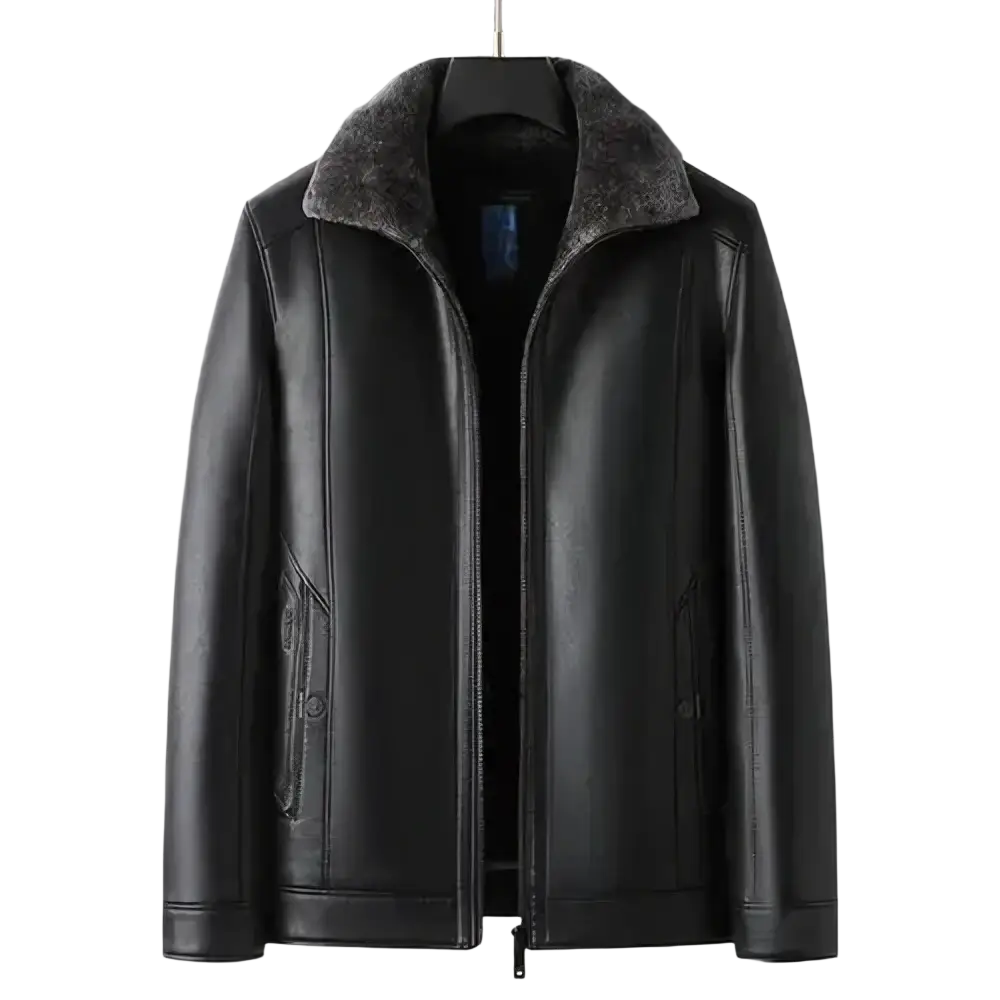 Men’s black faux leather winter jacket with plush gray shearling collar and two front pockets for warmth