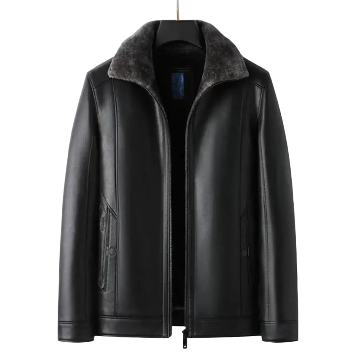 Men’s black faux leather winter jacket with plush gray shearling collar and front zipper closure for warmth