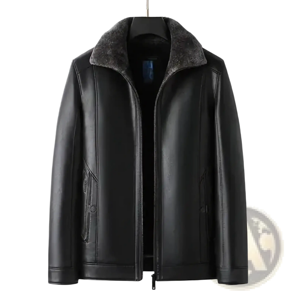 Men’s black faux leather winter jacket with plush gray shearling collar and two front pockets for warmth