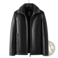 Men’s black faux leather winter jacket with plush gray shearling collar and two front pockets for warmth