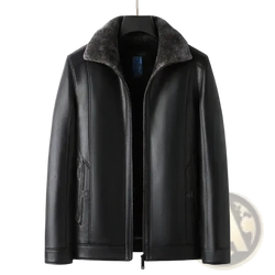 Men’s black faux leather winter jacket with plush gray shearling collar and two front pockets for warmth