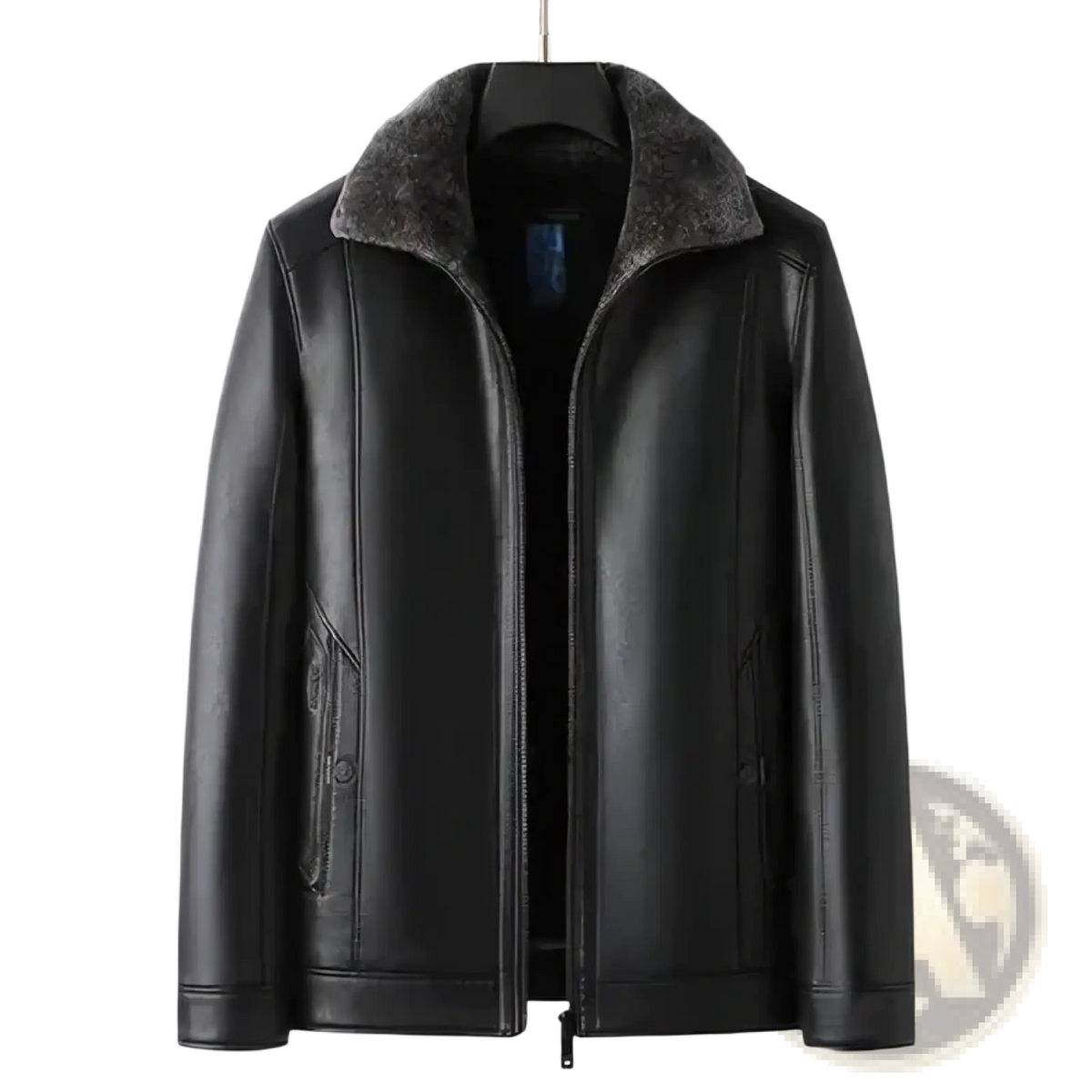 Men’s black faux leather winter jacket with plush gray shearling collar and two front pockets for warmth