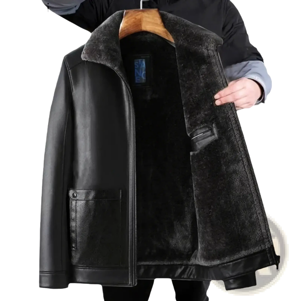 Men’s black faux leather winter jacket with plush shearling dark fur lining and front zipper closure for warmth