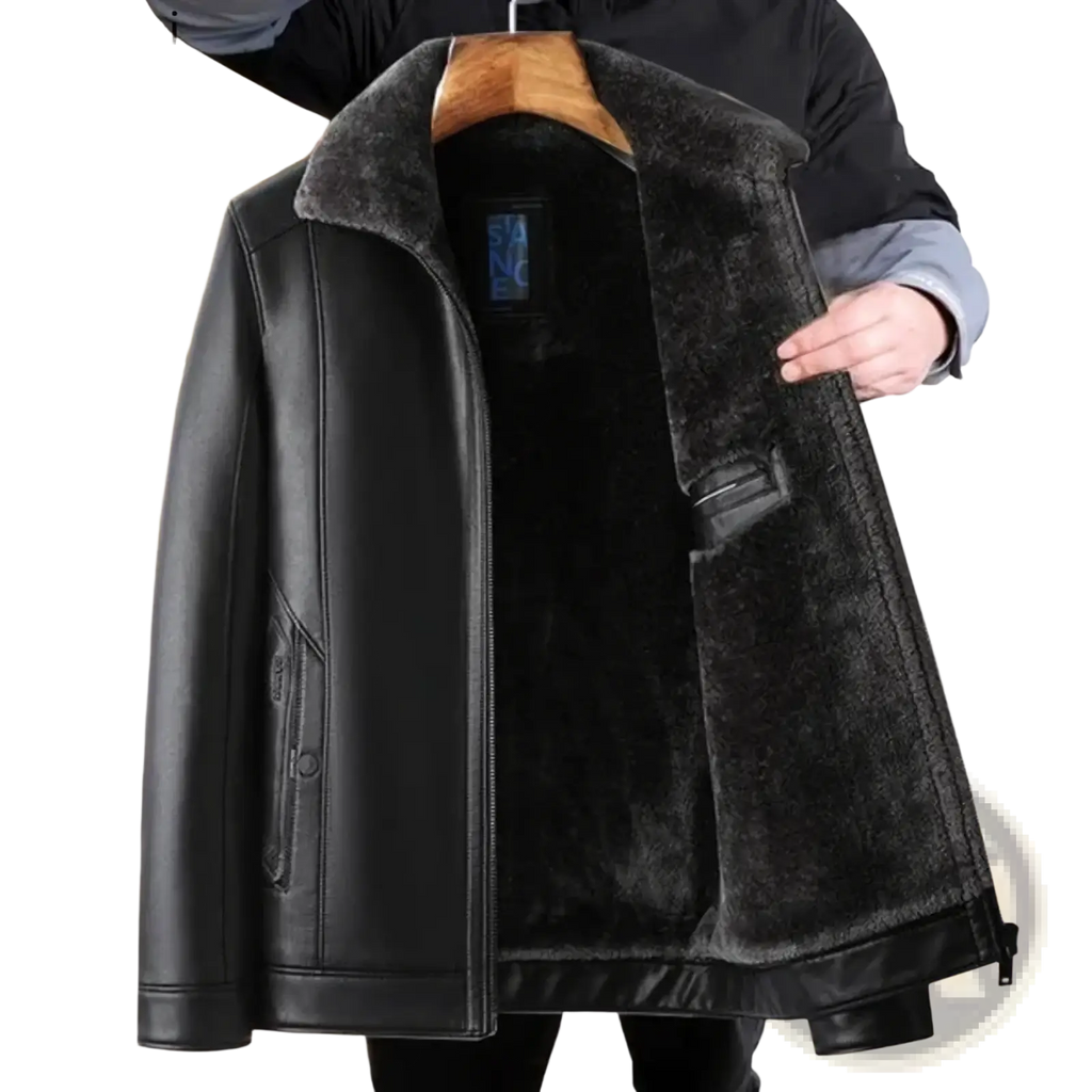 Men’s black faux leather winter jacket with plush dark gray fleece lining and matching collar for warmth