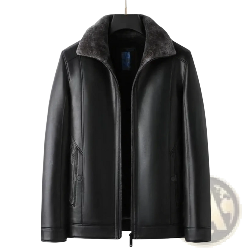 Men’s black faux leather winter jacket with plush gray shearling collar and front zipper closure for warmth