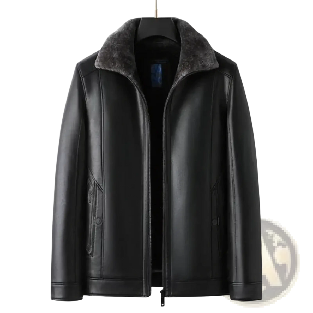 Men’s black faux leather winter jacket with plush gray shearling collar and front zipper closure for warmth