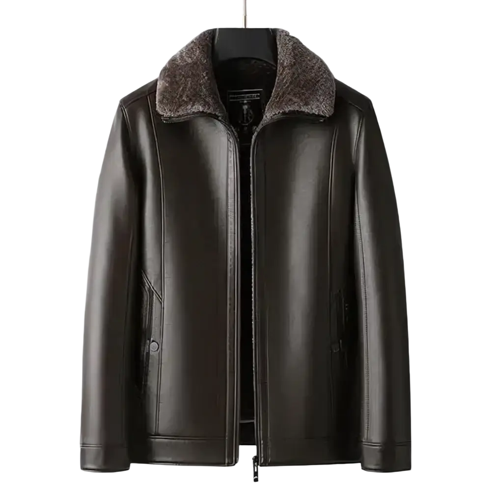 Men’s dark brown faux leather winter jacket with warm fleece lining and plush lighter-toned shearling collar