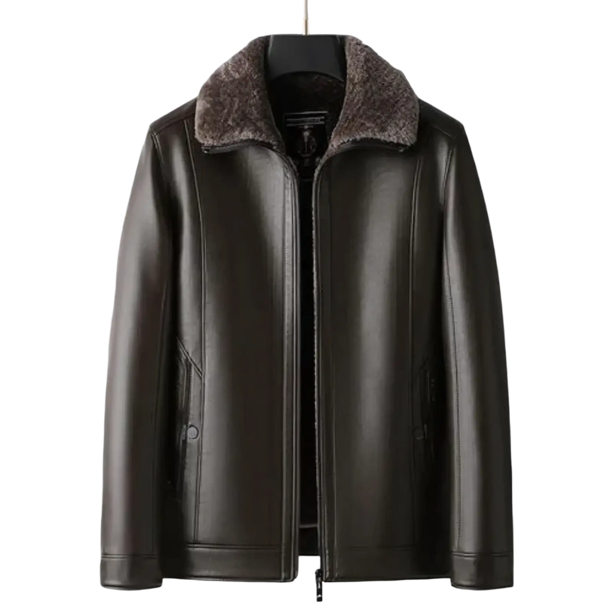 Men’s dark brown faux leather winter jacket with warm fleece coat and plush lighter-toned fur-lined collar