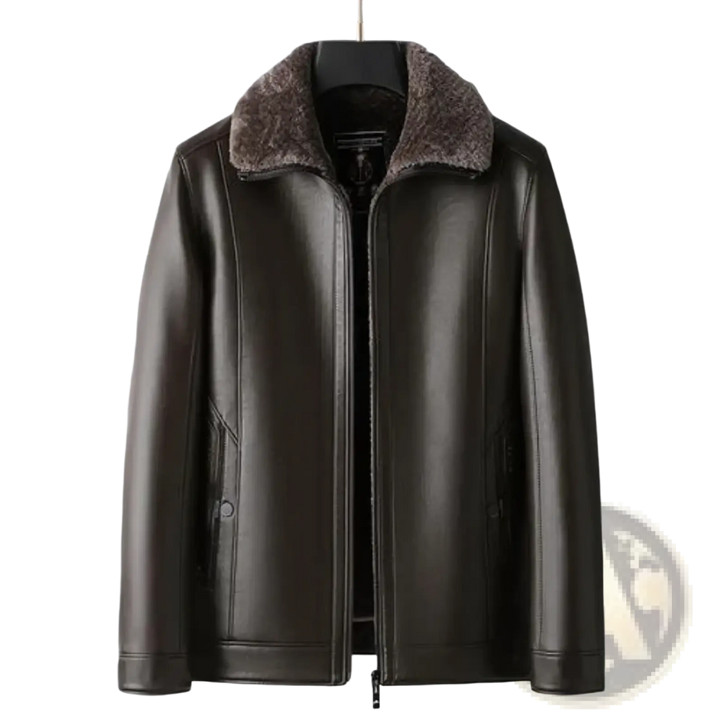 Men’s dark brown faux leather winter jacket with warm fleece coat and plush lighter-toned fur-lined collar