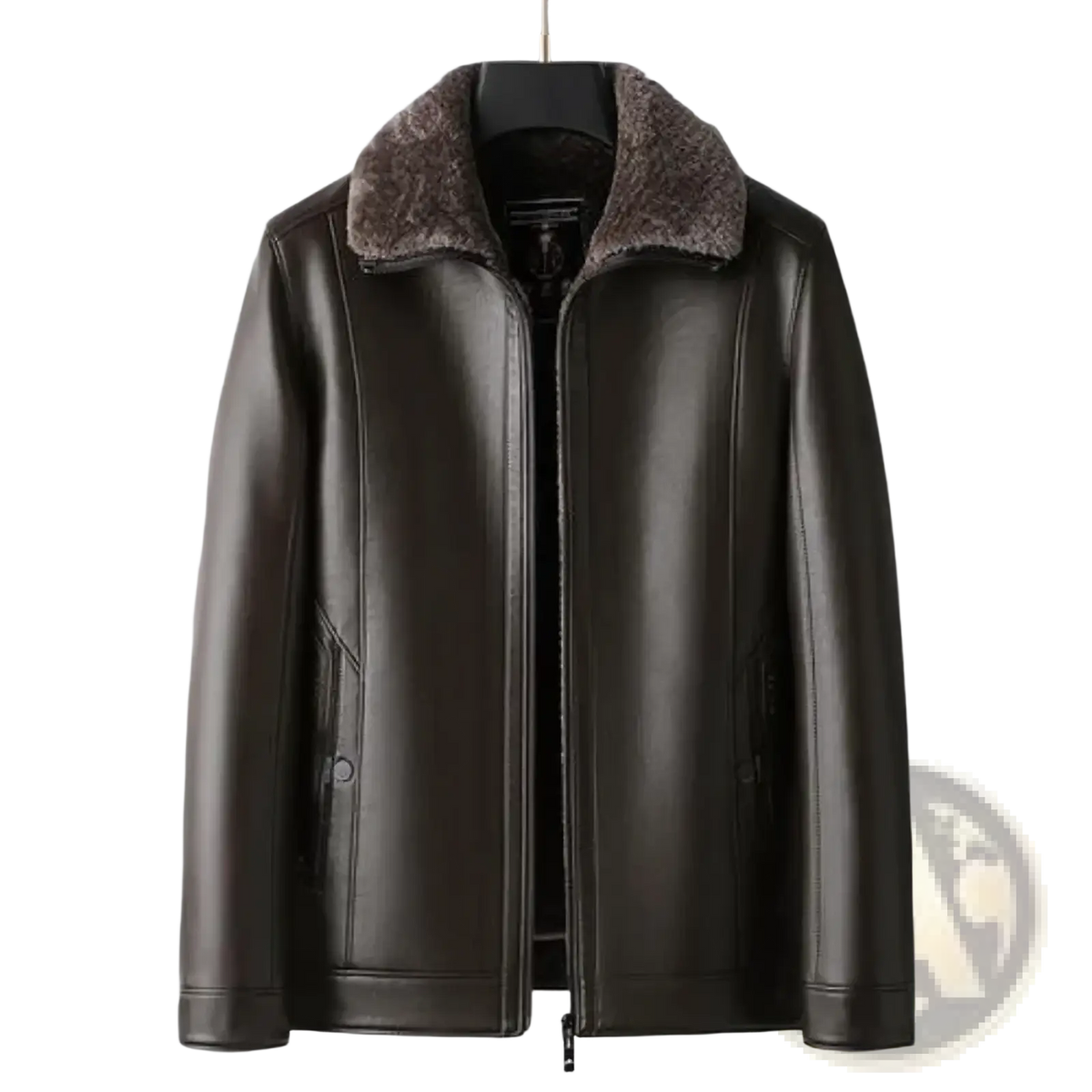 Men’s dark brown faux leather winter jacket with warm fleece coat and plush lighter-toned fur-lined collar