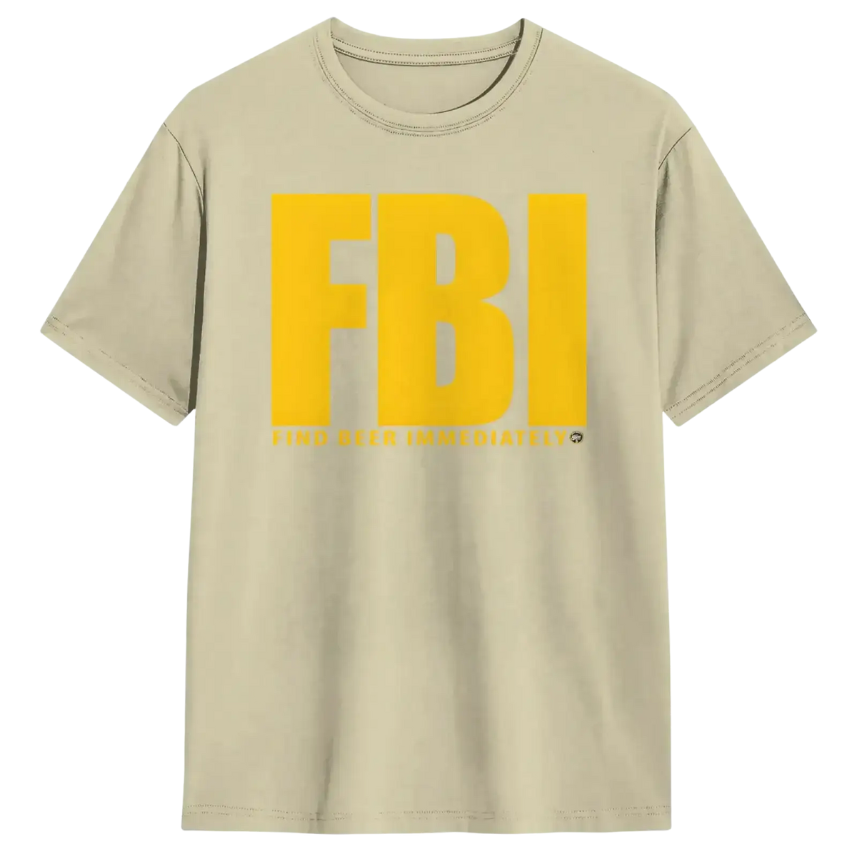 Men’s beige cotton t-shirt with bold yellow fbi lettering and find beer immediately print on front