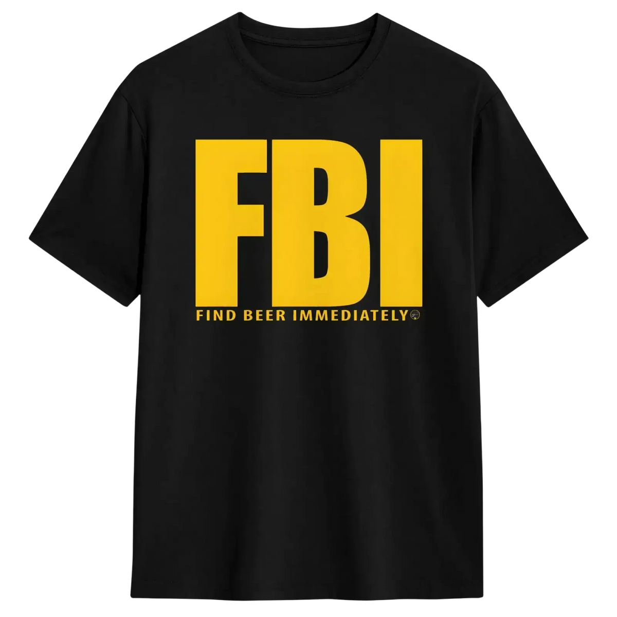 Men’s black cotton short-sleeved t-shirt with bold yellow fbi lettering and find beer immediately text in yellow