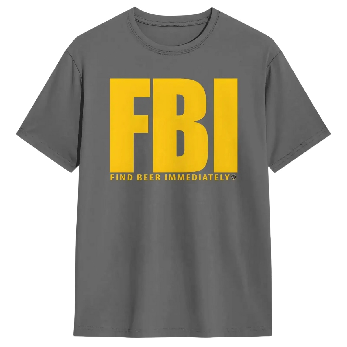 Gray cotton men’s t-shirt with bold yellow fbi letters and find beer immediately printed below in smaller text