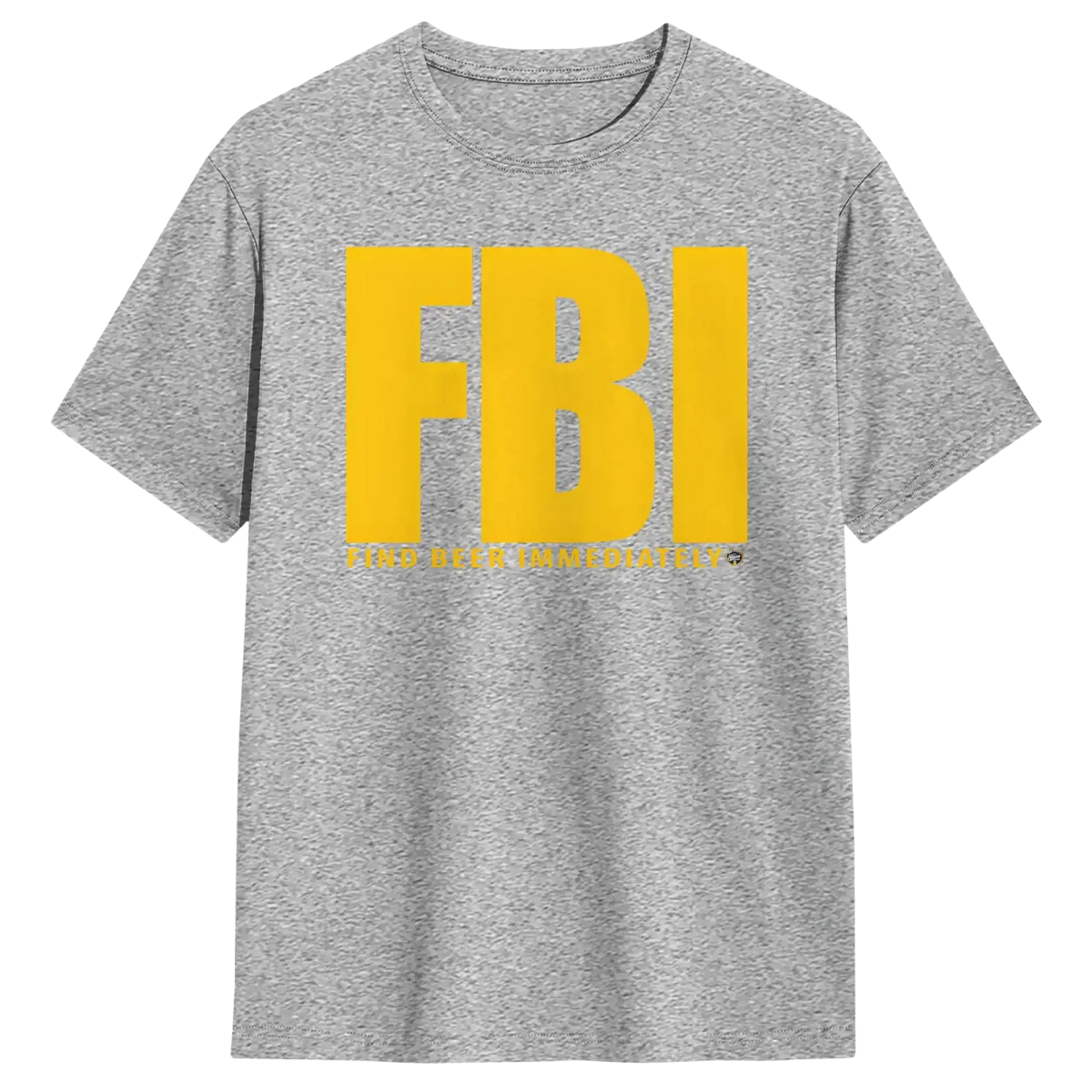 Men’s gray heathered cotton t-shirt with bold yellow fbi lettering and found behind immediately phrase printed below