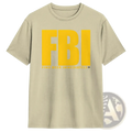 Beige men’s cotton short-sleeved t-shirt with bold yellow FBI lettering and find beer immediately phrase printed below