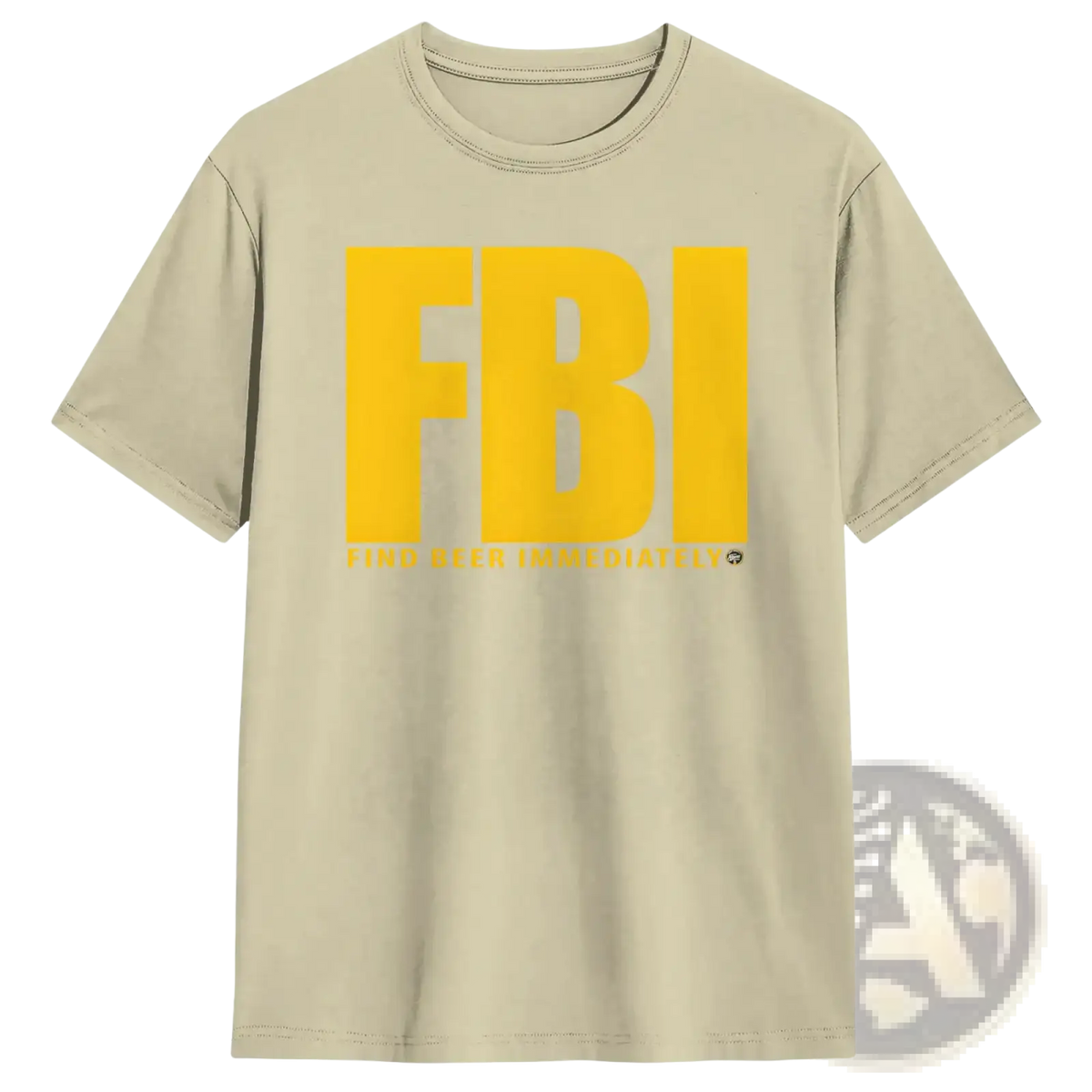 Beige men’s cotton short-sleeved t-shirt with bold yellow FBI lettering and find beer immediately phrase printed below