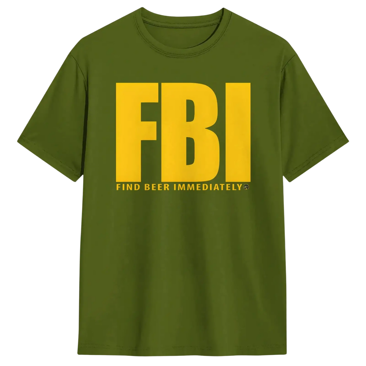 Men’s olive green cotton t-shirt with bold yellow FBI lettering and find beer immediately phrase print on front